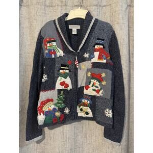 Vintage Tiara International Christmas Sweater Medium Zip Grandmacore Snowmen